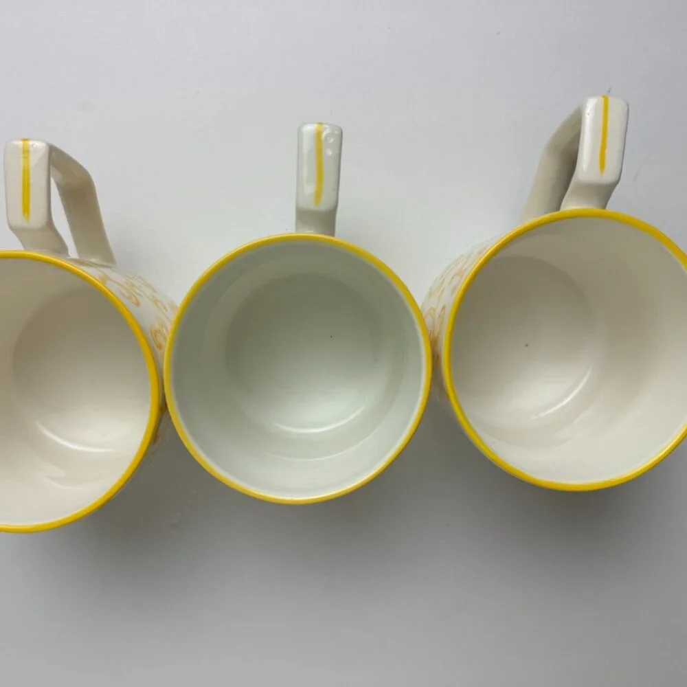 Pier 1 Imports Porcelain Coffee Cup Mug Yellow Pattern Set of 3